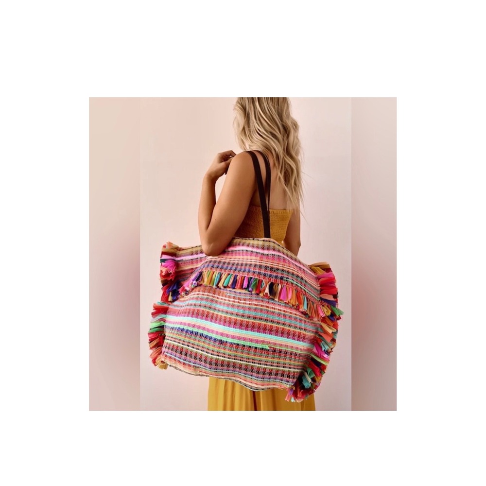 Raj Imports Multi Color Woven‎ Fringe Tote Bag Boho Rainbow Striped Shoulder Bag